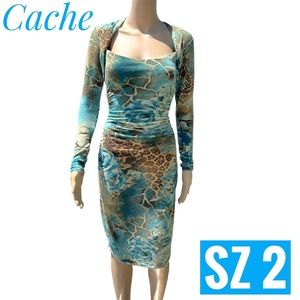 Cache turquoise, brown, white, animal leopard floral print dress Sz 2